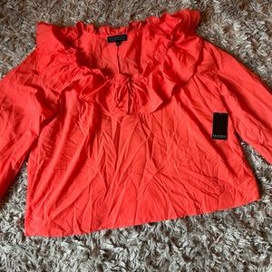 Eloquii salmon pink ruffle neck woman’s blouse. Key hole tie, elastic sleeve